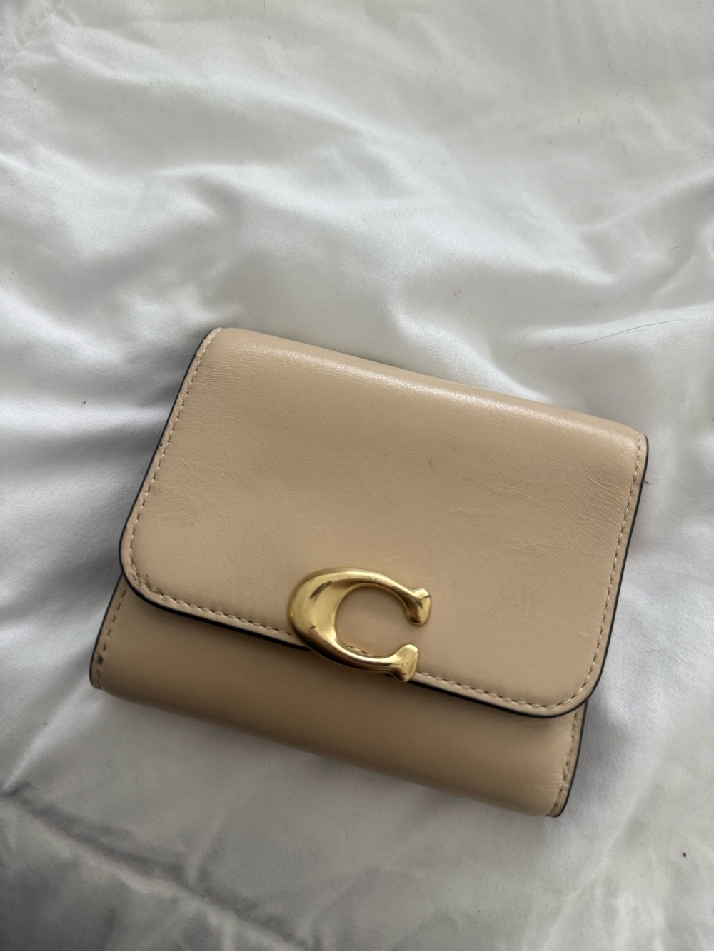 Coach Beige Leather Compact Wallet with Gold C Hardware